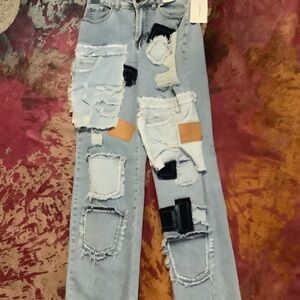 Distressed Patchwork Jeans Size Small with stretch